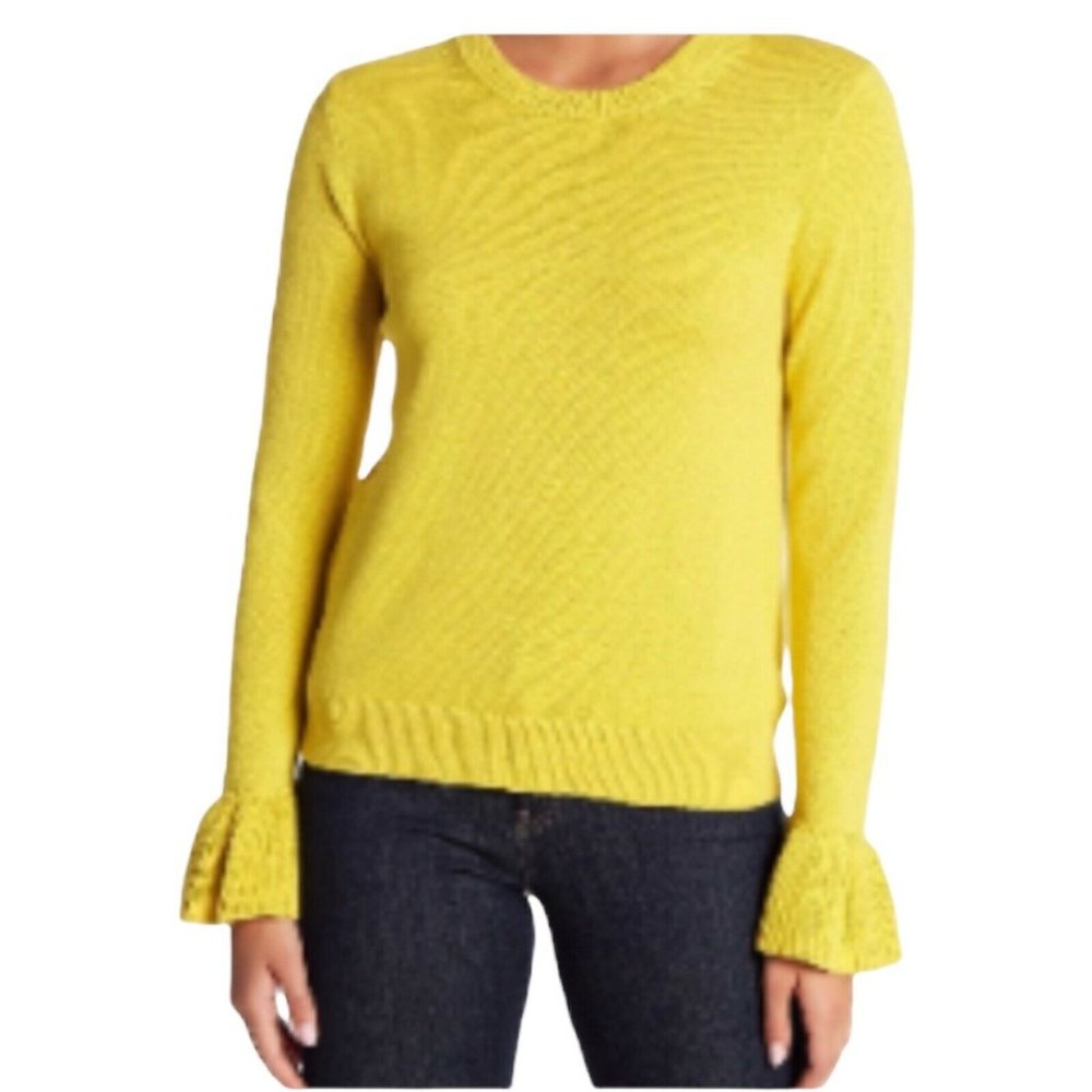 J Crew Women Yellow XS long  RuffleCuff  Sleeve Cotton Knit Pullover Sweater